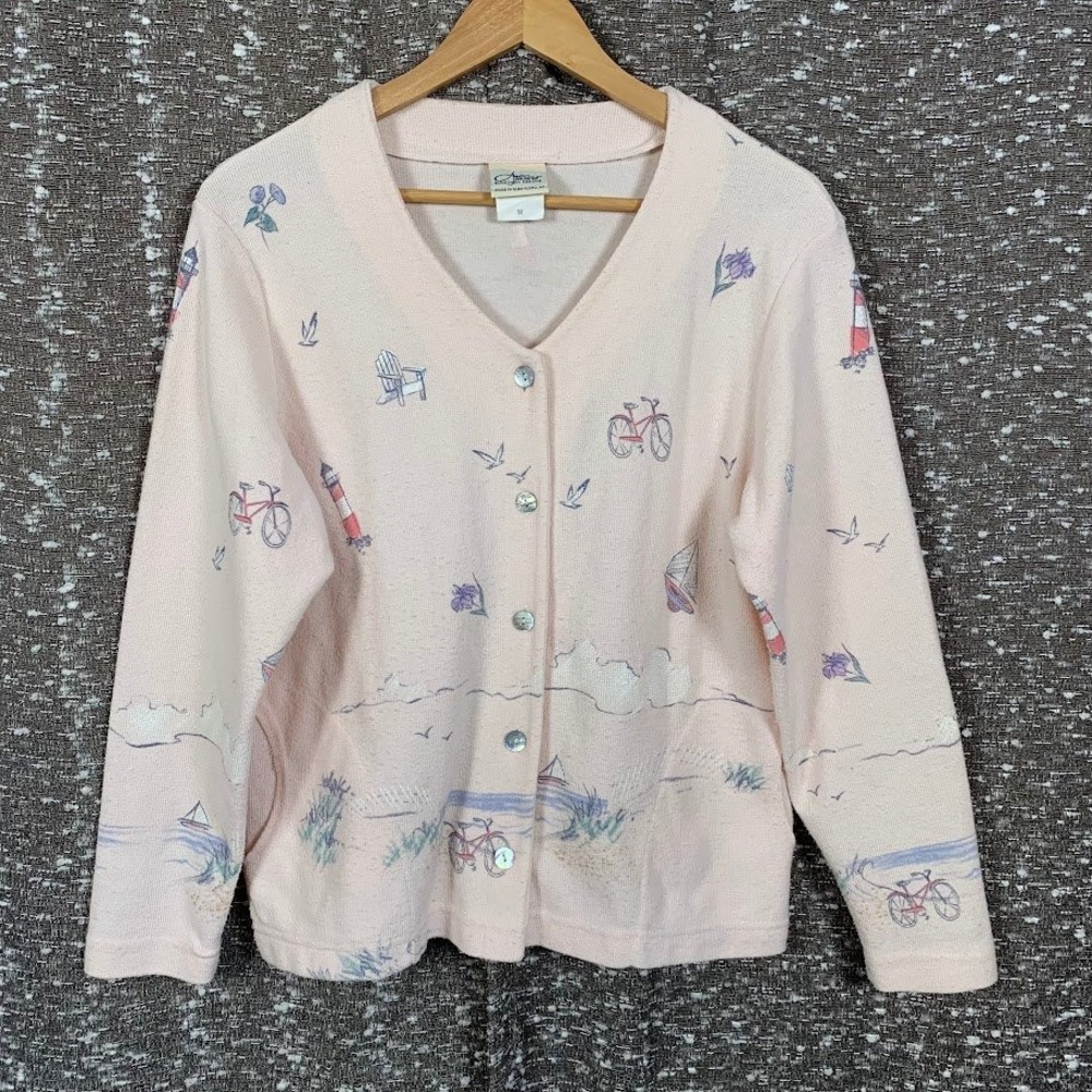 1990s Vintage Women's Artisans Designs Pink Outdoor Sweater‎ Cardigan Beach Med